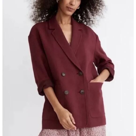 MADEWELL Hayfield Double Breasted Blazer Jacket Small Maroon Cotton Jacket Boxy - Picture 1 of 7